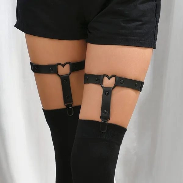 Adjustable Heart Leg Garter With Anti-Slip Clips, Elastic Y2K Gothic Thigh Garter For Ladies Black