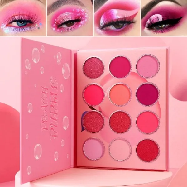 Pink Eyeshadow Palette Makeup Afflano,Pigmented Blendable Purple Peach Pink Shades Eye Shadow Pallet Matte Shimmer Cream,Bright Violet Small Cute Eye Tone Palette 12 Color,for Girl/Women/Mother's Gift