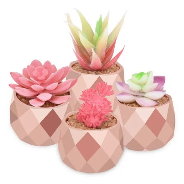 Miemour Decorative Artificial Succulent Plants Potted - Set of 4Pcs Rose Gold Ceramic Mini Fake Plant in Pots with Stone for Home Office Indoor Outdoor Ornament Gift