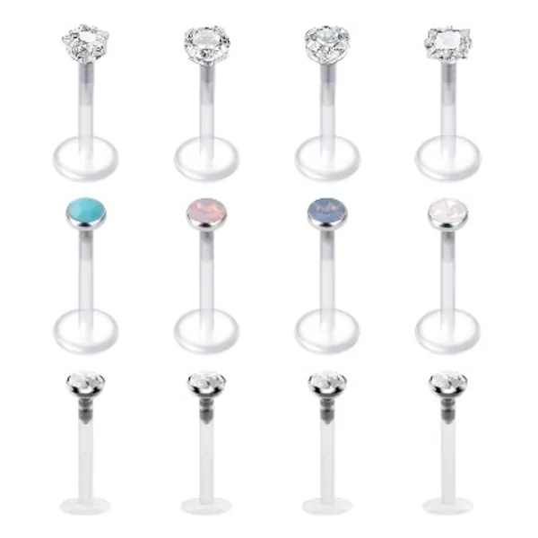 LAURITAMI 12pcs Clear Lip Labret Bars Studs Retainers Bioflex Crystal 8mm 16G Medusa Monroe Piercing Jewellery