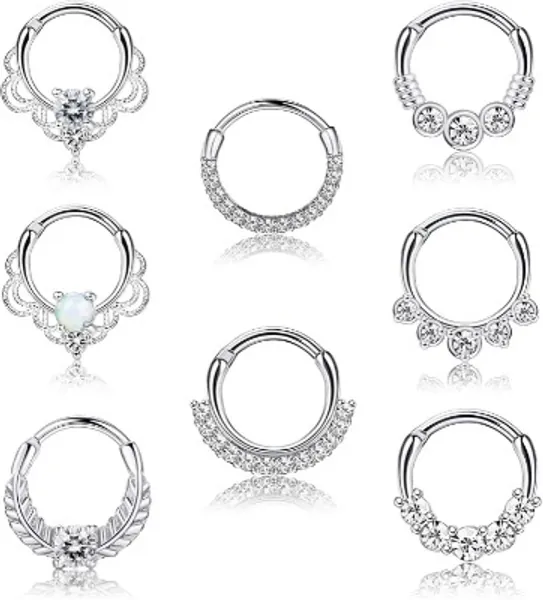MILACOLATO 8PCS 16G Septum Clicker Ring Stainless Steel CZ Opal Cartilage Helix Tragus Hoop Daith Earrings Nose Rings Hoop Hinged Segment Clicker Ring Piercing Jewelry 10MM