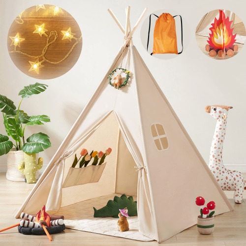 Kids-Teepee-Tent with Lights & Campfire Toy & Carry Case, Natural Cotton Canvas Toddler Tent - Washable Foldable Teepee Tent for Kids Indoor Tent, Outdoor Play Tent for Girls & Boys (White) - Off-white Kids Teepee