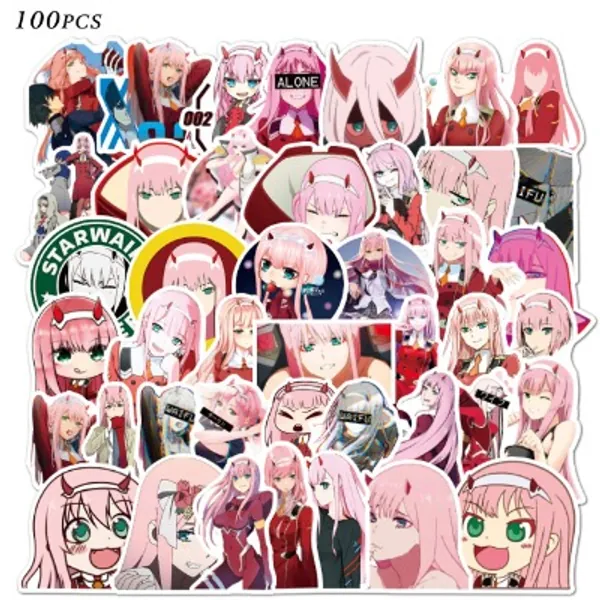Darling in The FRANXX 02 Stickers 100pcs Vinyl Waterproof Zero Two Stickers Classic Japanese Anime Stickers for Kids Teens Adults for Laptop Water Bottles Computer Travel Case Skateboard