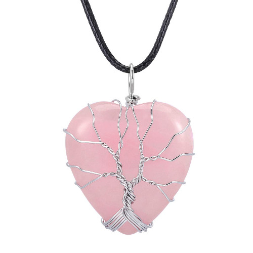 TUMBEELLUWA Natural Crystal Tree of Life Healing Heart Pendant Wire Wrapped Chakra Necklace with Wax Rope Reiki Elegant Jewelry - silver-plated-base rose quartz crystal stone