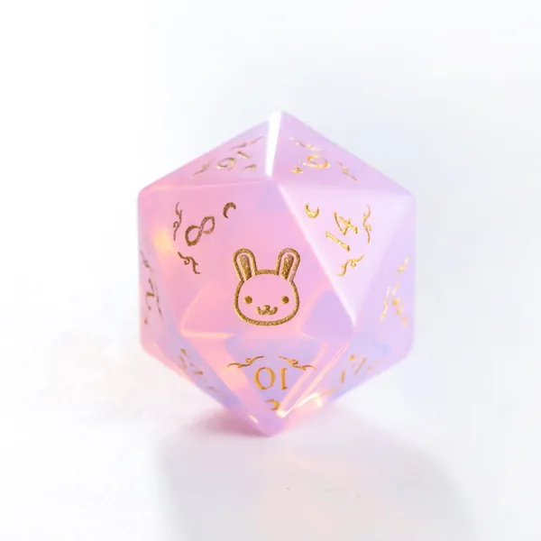 Pink Opalite Gemstone DnD Dice Set Antler Moon Motif Bunny Fuck Dice