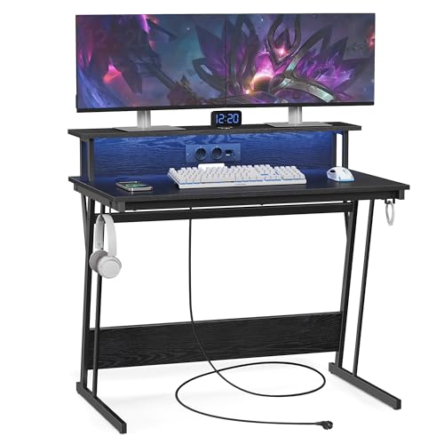 VASAGLE Bureau Gaming avec LED et Multiprise, Table Gamer, Bureau Informatique avec Rehausseur d’Écran, pour 2 Ordinateurs, pour Chambre, 60 x 100 x 76 cm, Noir Classique LWD191B56 - 100L cm - Noir Classique