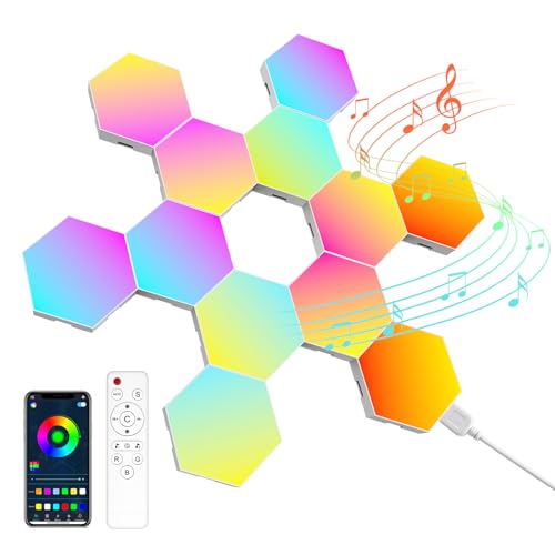 Panneau LED Hexagonal Gaming Murale Lampe— 12pcs Smart Music Sync Deco Modulaires RGB Lights App&Télécommande Contrôle Gaming Setup Hexagone Creative Appliques Murales - 12 Pcs
