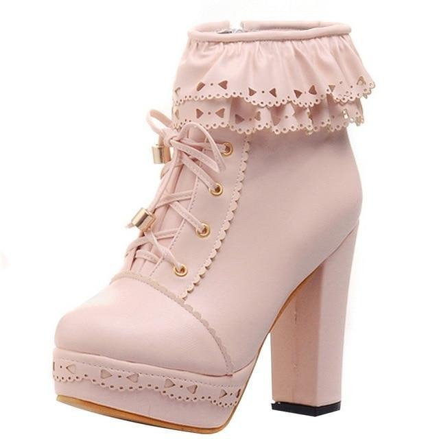 Ruffled Lace Booties - Pink / 7.5