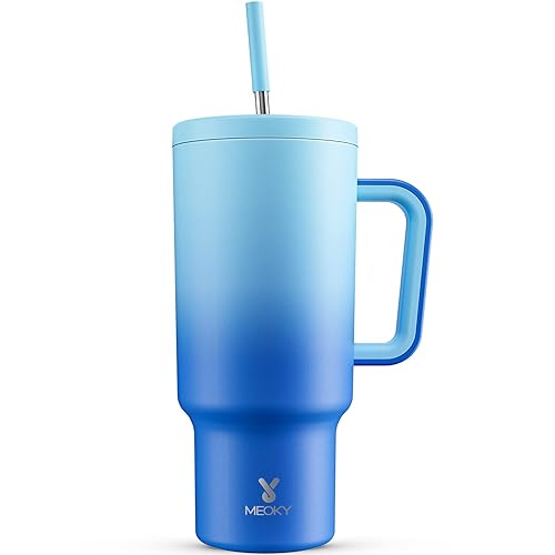 Meoky 1182ml Tumbler with Straw and Lid, 40oz Tumbler with Handle, Insulated Stainless Steel Travel Mug Water Bottle, 100% Leak-Proof, Cold for 34 Hours or Hot for 10 Hours (Sky) - Sky