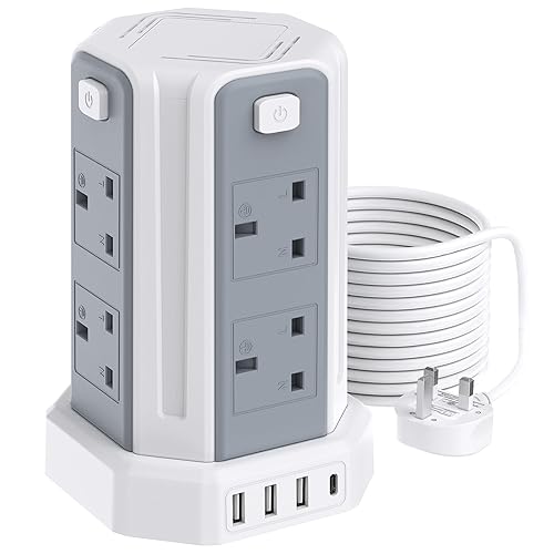 Tower Extension Lead 5M, (13A 3250W), 8 AC Outlets and 4 USB Ports Extension Tower, Surge Protection with 4 Independent Control Switch, Extension Cable for Office, Home, Kitchen - 5M - White