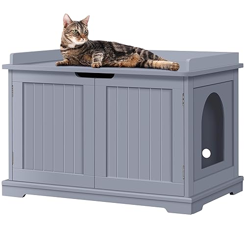 Yaheetech Wooden Cat Litter Box Enclosure, Hidden Cat Litter Tray Box Cat House Indoor Cats Bathroom Side Table End Table for Large Cat Kitty with Double Doors, Moveable Partition Grey - Grey
