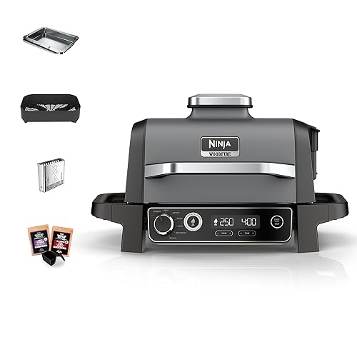 Ninja Woodfire Electric BBQ Grill & Smoker, 7-in-1 Outdoor Grill & Air Fryer, Roast, Bake, Dehydrate, Uses Woodfire Pellets, Weather Resistant, Non-Stick, Portable, Electric, Grey/Black, OG701UK - Grey/Black - BBQ Grill
