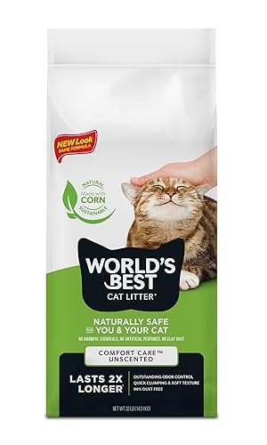WORLD'S BEST CAT LITTER Comfort Care Unscented, 32-Pounds - Natural Ingredients, Quick Clumping, Flushable, 99% Dust Free & Made in USA - Long-Lasting Odor Control & Easy Scooping - 32-Pound