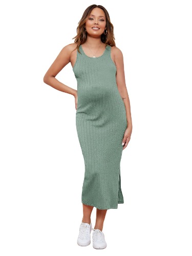 Romwe Women's Maternity Rib Knit Split Side Sleeveless Bodycon Tank Pencil Dress - Large Mint Green