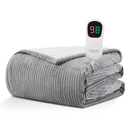 HomeMate Heated Blanket Electric Throw - 50"x60" Heating Blanket Throw 4 Hours Auto-Off 5 Heat Levels Blanket Over-Heat Protection Soft Flannel Sherpa Heater ETL Certification - Light Grey (Striped) - 50 Inch x 60 Inch