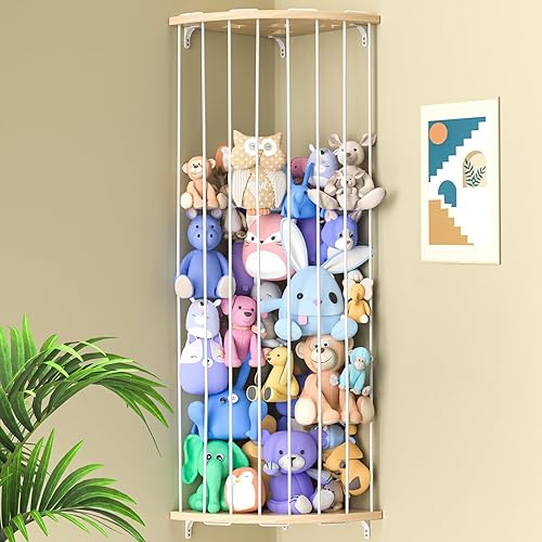 Jtksfcl Stuffed Animal Storage Wood Corner Plush Toys Holder with Star Pattern, Length Adjustable Hanging Stuffed Animal Toy Organizer Shelf for Nursery Play Room Bedroom Kid Room