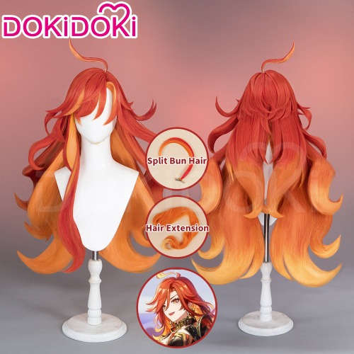 DokiDoki Game Genshin Impact Cosplay Pyro Archon Mavuika Wig / Earclip Natlan Long Curly Orange | Wig Only-Order Processing Time Refer to Description Page