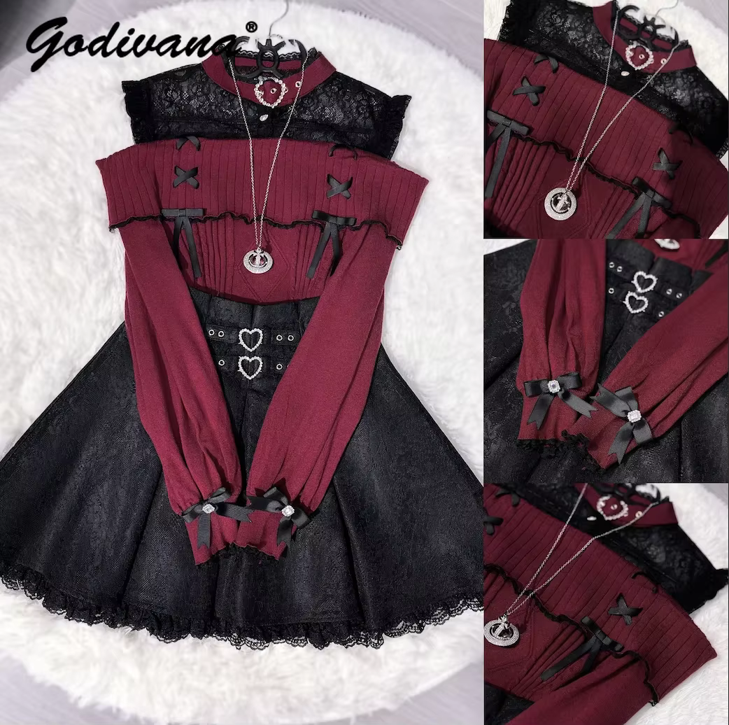 Suéter de punto con diamantes de imitación de corazón de encaje para mujer, prendas de punto de manga larga con lazo, moda japonesa, primavera y otoño, nuevo - AliExpress 200000345