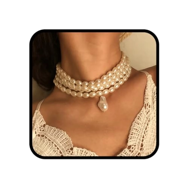 Ushiny Gargantilla de perlas vintage con cuentas de perlas de los años 20, con temática de Gatsby, para fiestas de graduación, para mujeres y niñas, Metal Perla, Perla