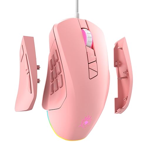 ROYALAXE Wired Gaming Mouse with Side Plates, MMO Mouse with 14 Programmable Buttons, Ergonomic Gaming Mouse with 2 Grip Plates, Computer Mouse with Max 12,400 DPI, RGB Lighting, Pink - Pink