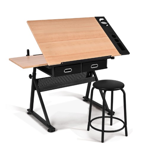 Giantex Mesa de Dibujo con Taburete, Altura Regulable e Inclinable, Mesa de Trabajo con Cajones y Doble Superficie de Trabajo para Dibujar, Diseño Gráfico