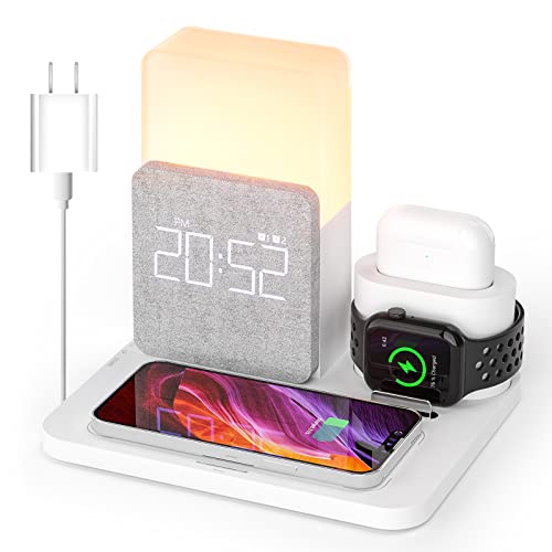 Wireless Charging Station, 3 in 1 Charging Station, Alarm Clock with Wireless Charger, Wireless Charger for iPhone 15 14 13 12 11 X Pro Max & Apple Watch, AirPods(QC3.0 Adapter Included) - WHITE