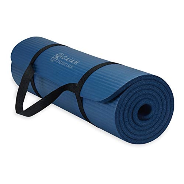 Gaiam Essentials Thick Yoga Mat Fitness & Exercise Mat with Easy-Cinch Yoga Mat Carrier Strap, 72"L x 24"W x 2/5 Inch Thick - Navy