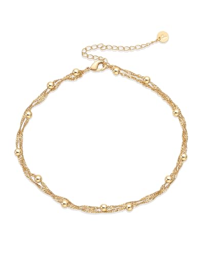 PAVOI 14K Gold Plated Charm Link Chain Anklets for Women | Dainty Cubic Zirconia Boho Evil Eye Beaded Hamsa Festival Adjustable Gold Anklets - Yellow Gold - Beaded