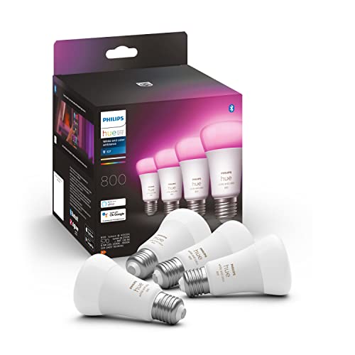 Philips Hue White & Color Ambiance, ampoule LED connectée E27, équivalent 60W, 800 lumen, Pack de 4, compatible Bluetooth, fonctionne avec Alexa, Google Assistant et Apple Homekit