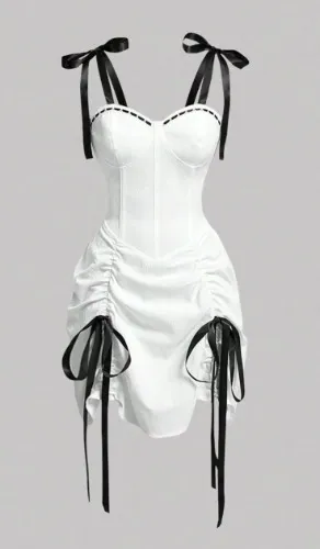 Short white dress with black ribbons 💋