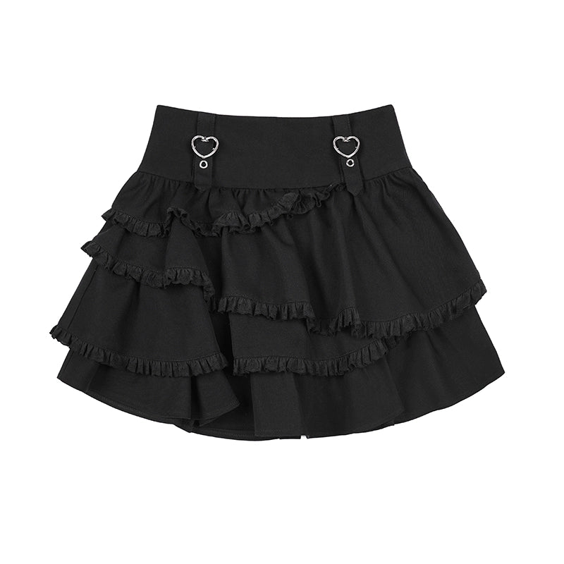 Black Jirai Kei Skirt Sweetheart Tiered Skirt High Waist Mini Skirt | S / Black