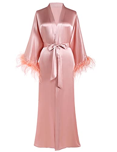 PRODESIGN Satin Kimono Robe Long Bath Robe with Ostrich Feather Trim Sleepwear Wedding Bridesmaid Robe - One Size - Pink