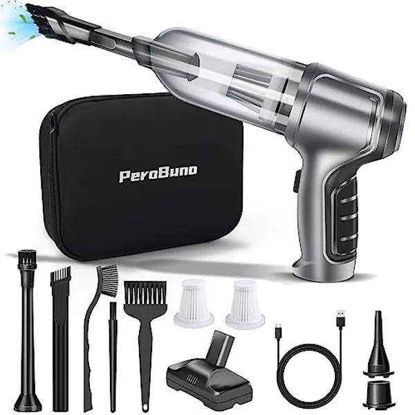 PeroBuno Mini Vacuum Cleaner for Car, 18000Pa Powerful, 3 in 1 Brushless Motor Handheld Vacuum, Portable Car Vacuum with High Power and TypeC- Compressed Air Duster- Keyboard Cleaner