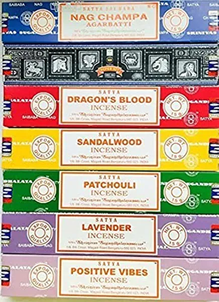 Satya Incense Gift Set Nag Champa, Super hit, Dragon's Blood, Sandalwood, Patchouli, Lavender, Positive Vibes, 15 g
