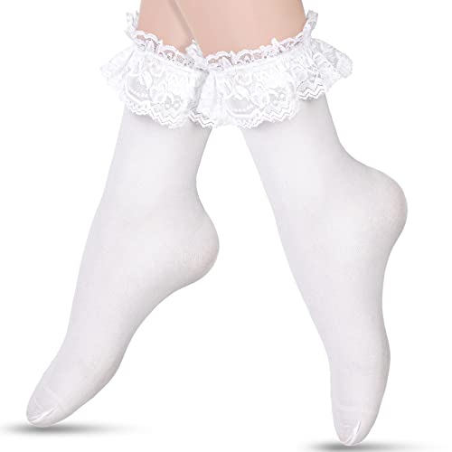 Women's Ruffle Socks Lace Topped Ankle Socks Opaque Frilly Socks Lace Trim Princess Socks for Women Girls - XL - White