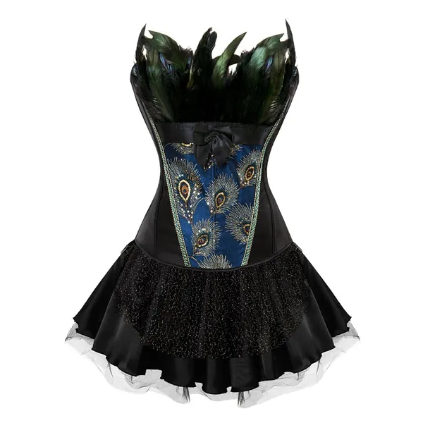 Grebrafan Peacock Feather Satin Corset with Skirt Fancy Dress Clubwear Halloween