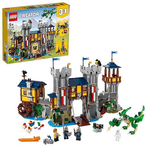 LEGO Creator 3 in 1 Medieval Castle Toy, Transforms from Castle to Tower to Marketplace, Includes Skeleton and Dragon Figure, with 3 Minifigures and Catapult, 31120 - Castle Toy - Standard Packaging
