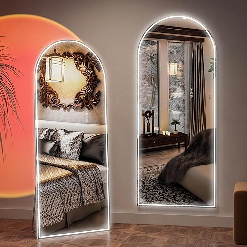 CASSILANDO 65" x 24" Full Length Mirror with LED Lights, LED Floor Mirror, Arched Lighted Mirror, Free Standing Floor Mirror, Wall Mounted Mirror - 65"L x 24"W - Arched-white-led