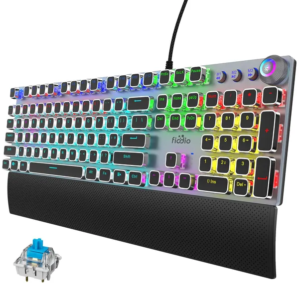 Fiodio Gaming Keyboard with Blue Switch, Mechanical Keyboards Rainbow Backlit, 104 Anti-Ghosting Keys with Audible Click Sound, Control Knob for Multi-Media, Removable Wrist Rest for PC, Computer - Blue Switches