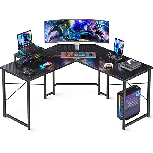 ODK L Shaped Gaming Desk, 51 Inch Computer Desk with Monitor Stand, PC Gaming Desk, Corner Desk Table for Home Office Sturdy Writing Workstation, Carbon Fiber Surface, Black - Carbon Fiber Surface, Black - 51*19 inch