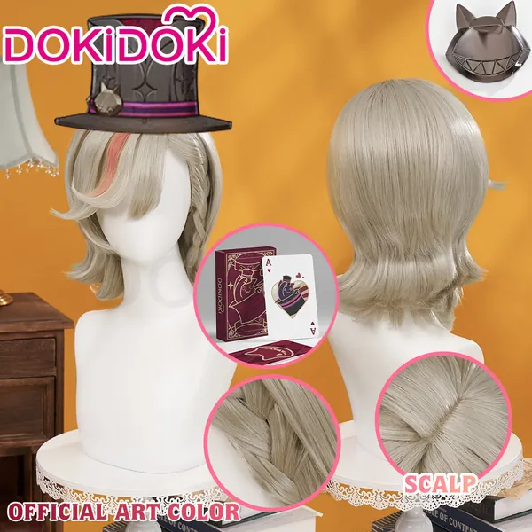 【Ready For Ship】DokiDoki Game Genshin Impact Cosplay Fontaine Lyney Wig Short Silver Red Highlight/ Wefts