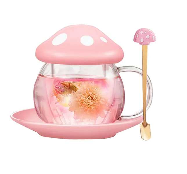 Tea Mug Milk Glass Coffee Cup with Strainer Filter Infuser for Loose Leaf Tea Mushroom Design Cute and Heat Resistant (Pink, 290ML 9.6oz) (Pink) - Pink