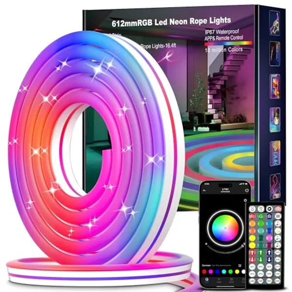 KlKO Neon Lights,16.4ft/5m RGB LED Neon LED RGB Smart Color Changing Neon Light Strips for Bedroom Decoration 1 Set - 5M