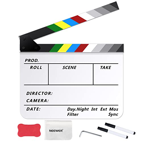 NEEWER Acrylic Film Movie Directors Clapper Board Kit, 12"x10" Plastic Movie Theater Cut Action Scene Clapboard with a Magnetic Eraser, 2 Water Based Pens, a Cleaning Cloth & L Shaped Hex Key (White) - White