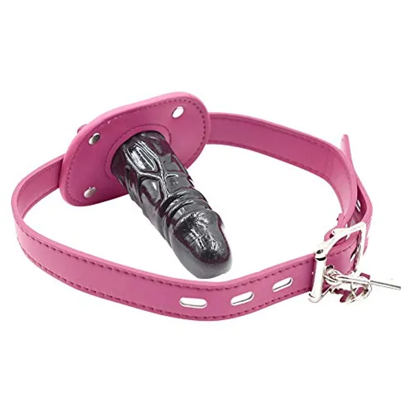 Lockable Dildo Mouth Gag Bondage Adjustable Leather Strap On with Lock SM Realistic Penis Gag Rose Red Romi - Pink - Long