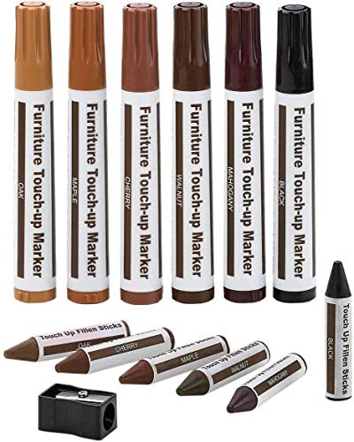 Furniture Repair Kit Wood Markers - Set of 13 - Markers and Wax Sticks with Sharpener Kit, for Stains, Scratches, Wood Floors, Tables, Desks, Carpenters, Bedposts, Touch Ups, and Cover Ups - Six Colorway Kit - 13 Count (Pack of 1) - Chisel