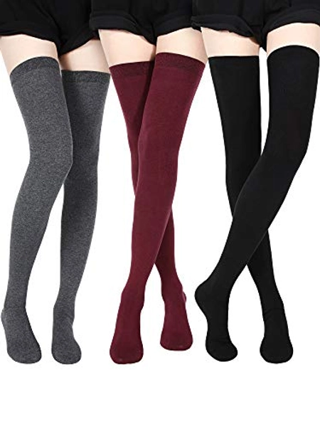 3 Pairs Extra Long Socks Thigh High Cotton Socks Extra Long Boot Stockings for Girls Women (Black, Dark Grey, Wine Red, 3)
