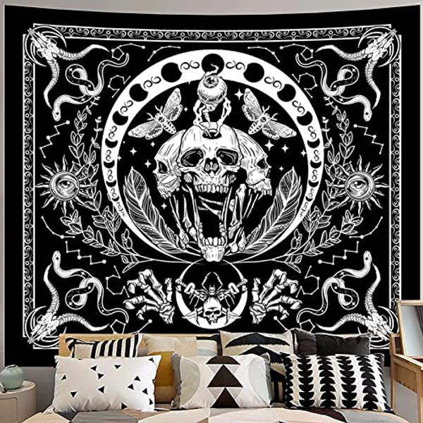 INSROAM Black and White Tapestry Skull Tapestry Moth Tapestry Snake Tapestry Skeleton Tapestry Plant Tapestry Wall Hanging Tapestry for Bedroom (59"x78")