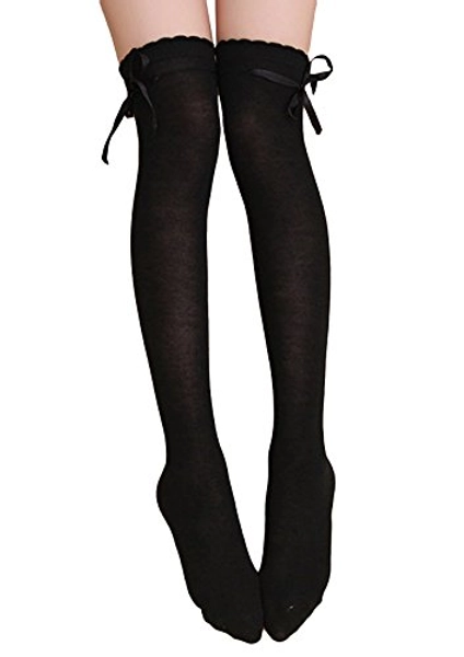 Womens Girls Thigh High Socks Solid Color Cotton Socks Bow Over Knee Stockings