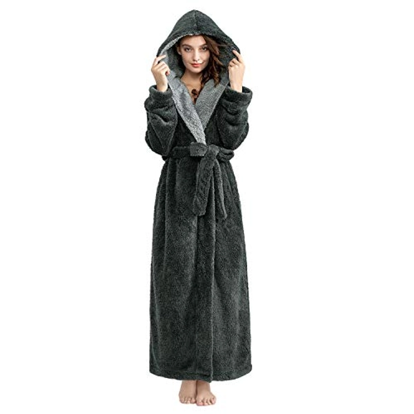 Hellomamma Long Hooded Robe for Women Luxurious Flannel Fleece Full Length Bathrobe Winter Warm Pajamas Shower Nightgown